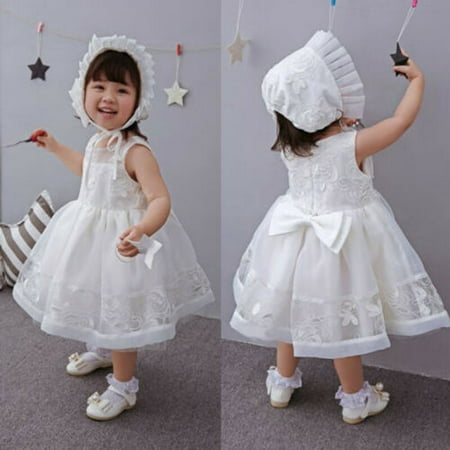 New Girls Ivory Lace Party Christening Dress with Bonnet 0 3 6 9 12  Months
